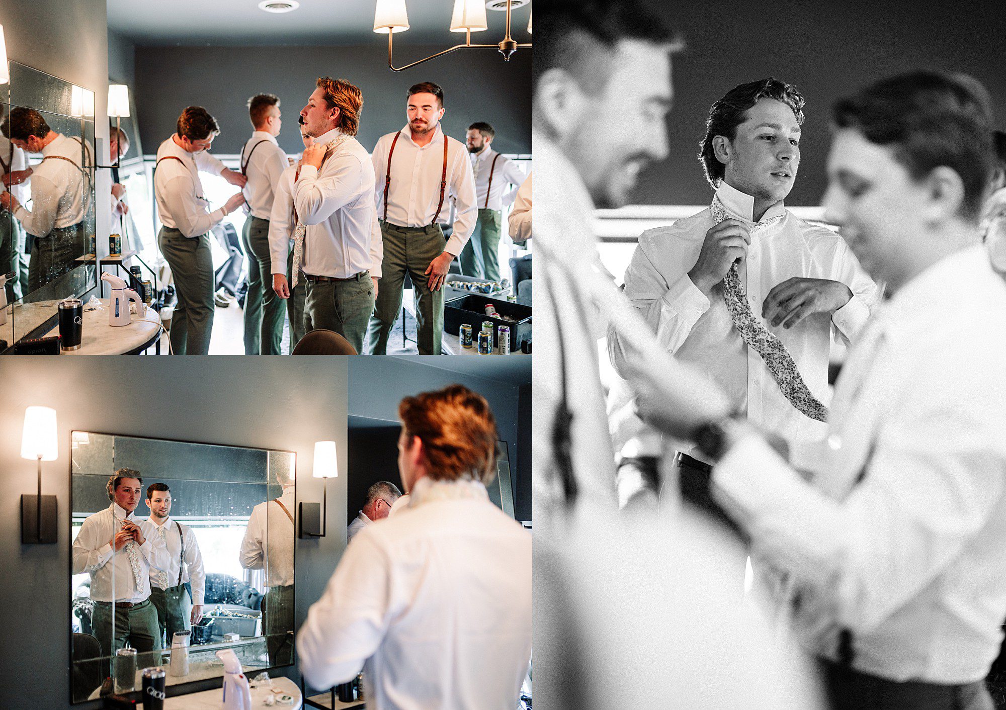 A group of groomsmen in white shirts and suspenders help each other get ready, tying ties and adjusting outfits in a softly lit room with mirrors—a candid behind-the-scenes moment from a real wedding at The Gibson Social Club.