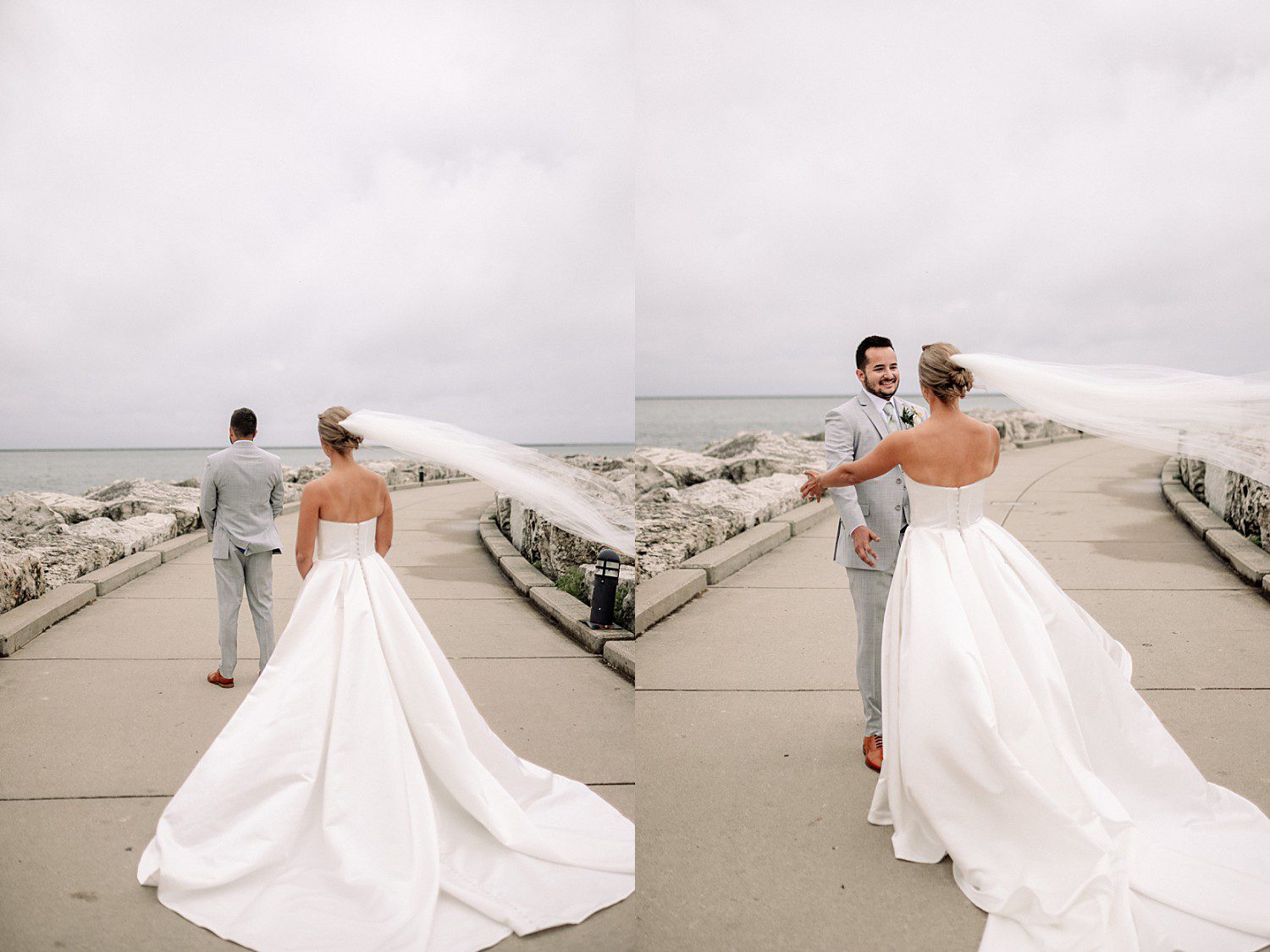 Grant's first look reaction at their Discovery World Pavilion wedding