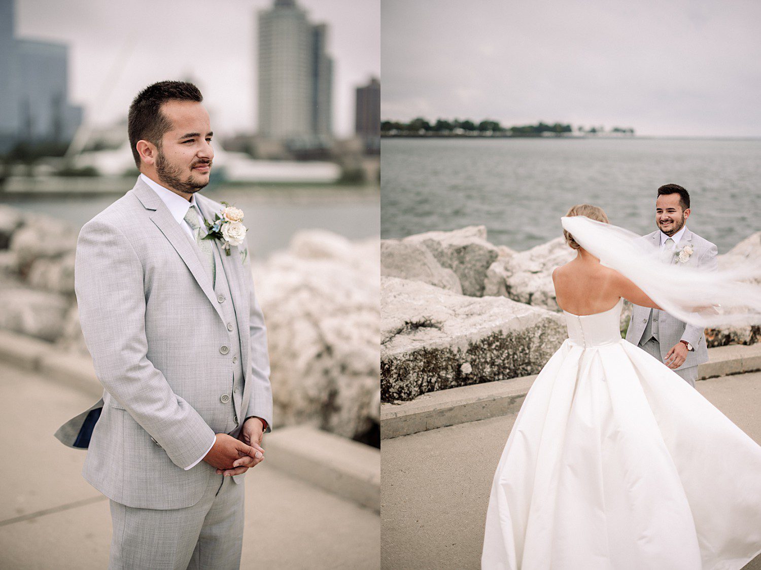 Grant's portrait along the lakefront at their Discovery World wedding