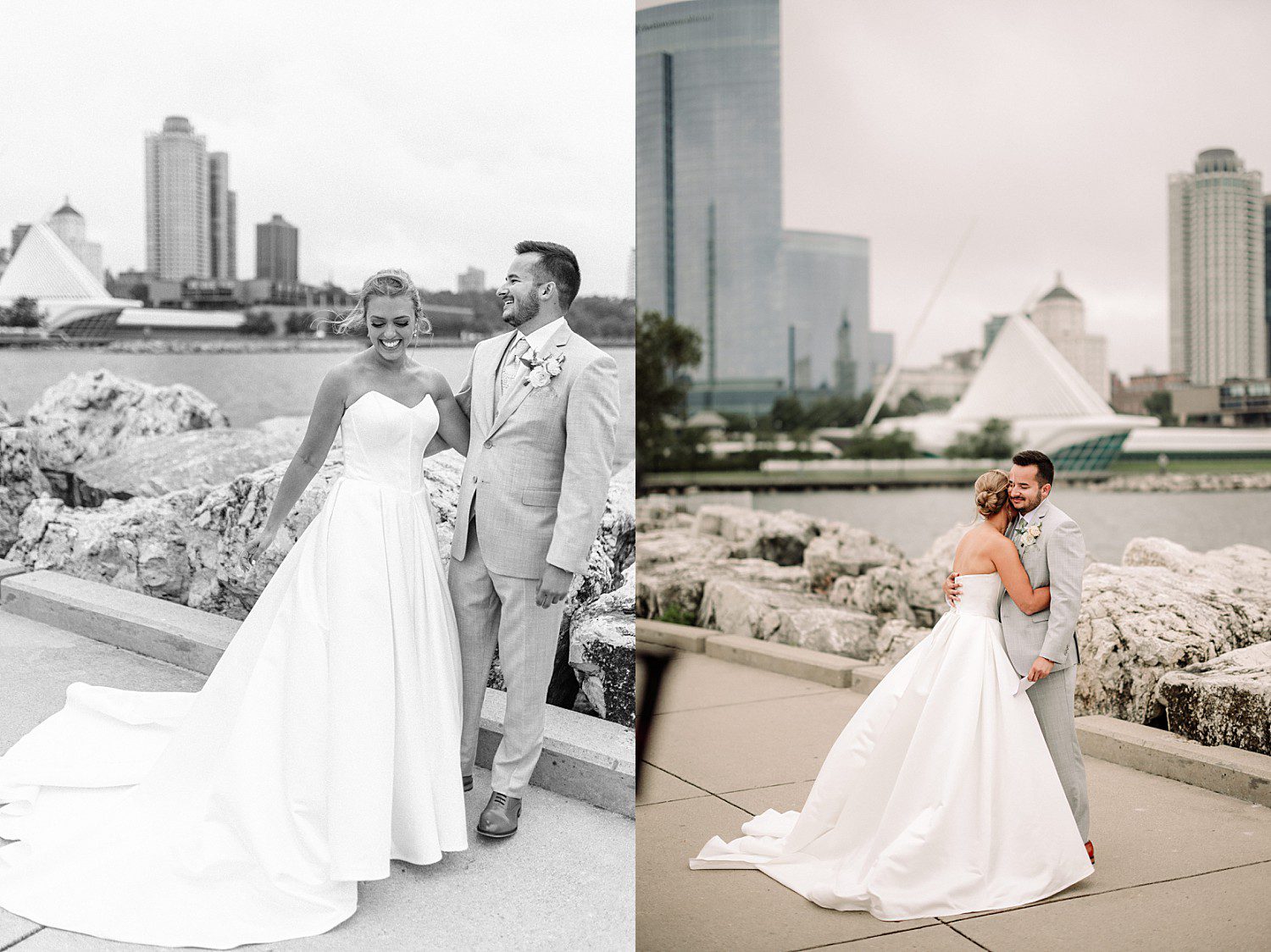 Tess and Grant's portrait with the Milwaukee Art Museum in the background at their Discovery World wedding in Milwaukee