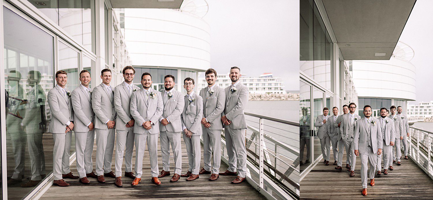 Tess and Grant's groomsmen's portrait at their Discovery World wedding in Milwaukee