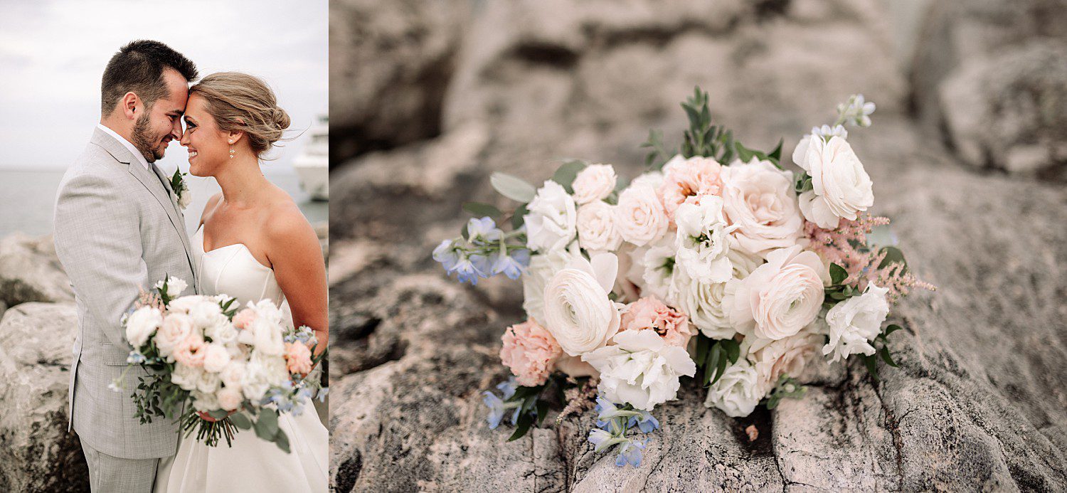 Tess and Grant's bridal bouquet with Lake Michigan in the background at their Discovery World Pavilion wedding