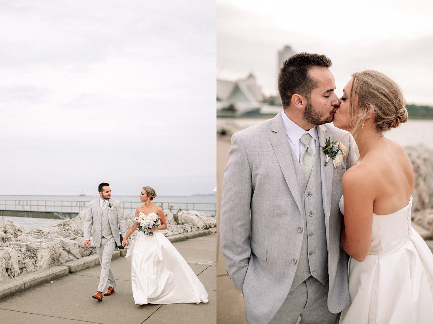 Tess and Grant's portrait along the rocky lakefront at their Milwaukee wedding at Discovery World