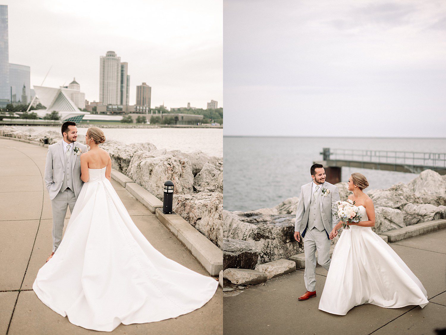 Tess and Grant's intimate moment on the rocks at their Discovery World wedding in Milwaukee