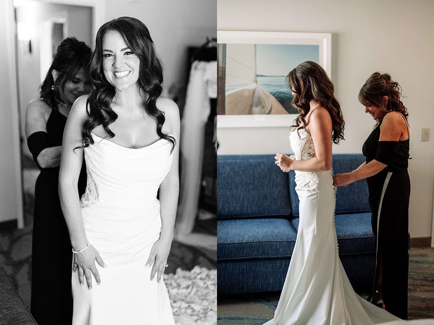 Jenna's mom helping her button her wedding dress before the Heidel House wedding