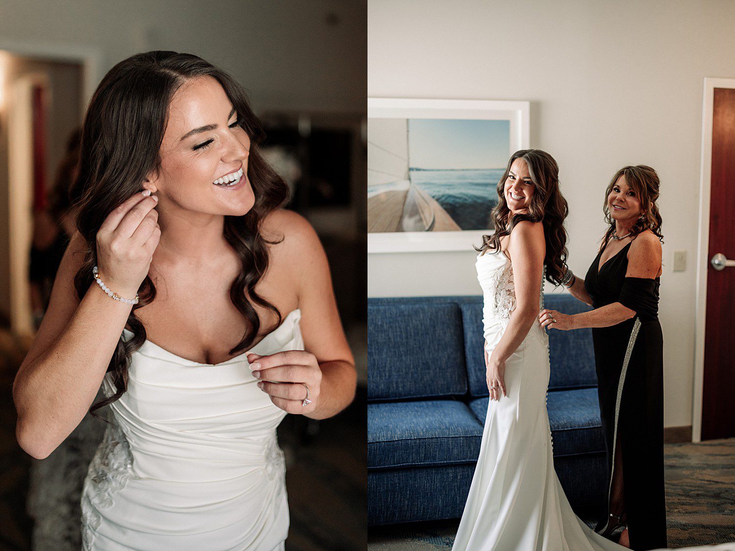 Jenna putting in her earrings while her mom finishes her dress before the Heidel House wedding