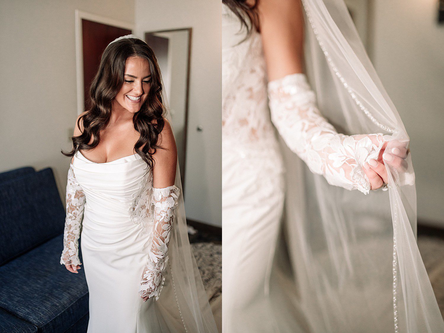 Jenna smiling in her veil before her Heidel House wedding ceremony in Green Lake, Wisconsin