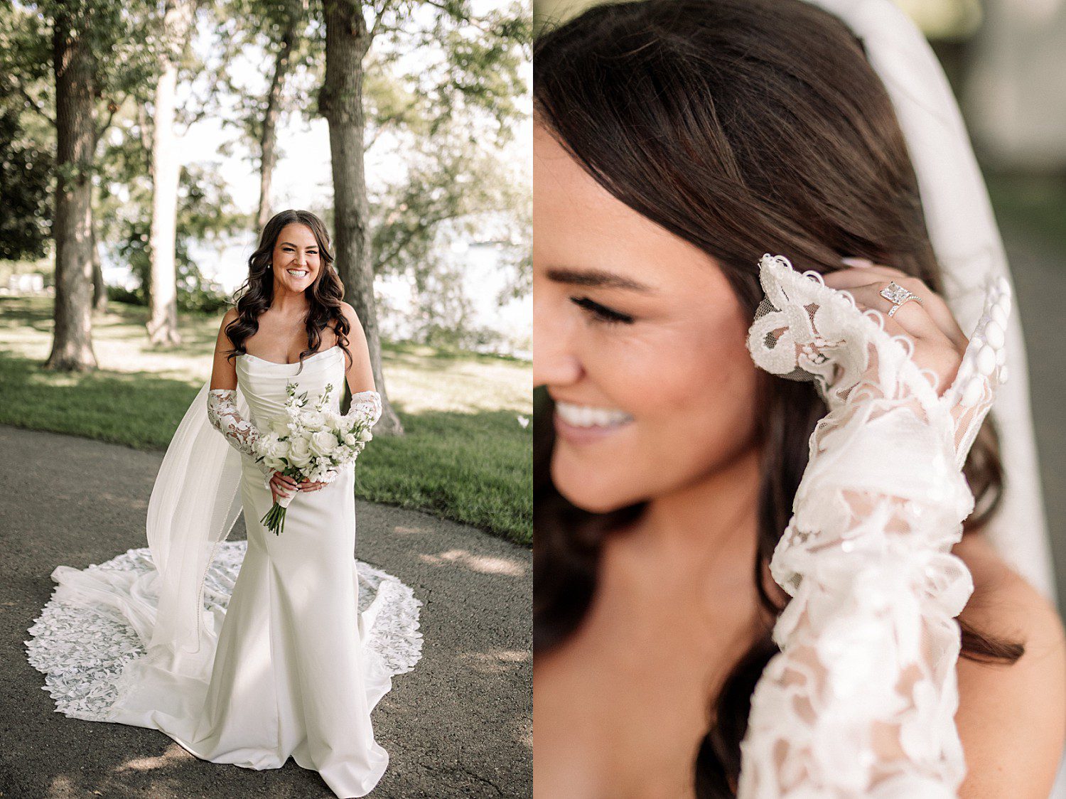 Jenna in her wedding gown walking along the path before her Heidel House wedding ceremony