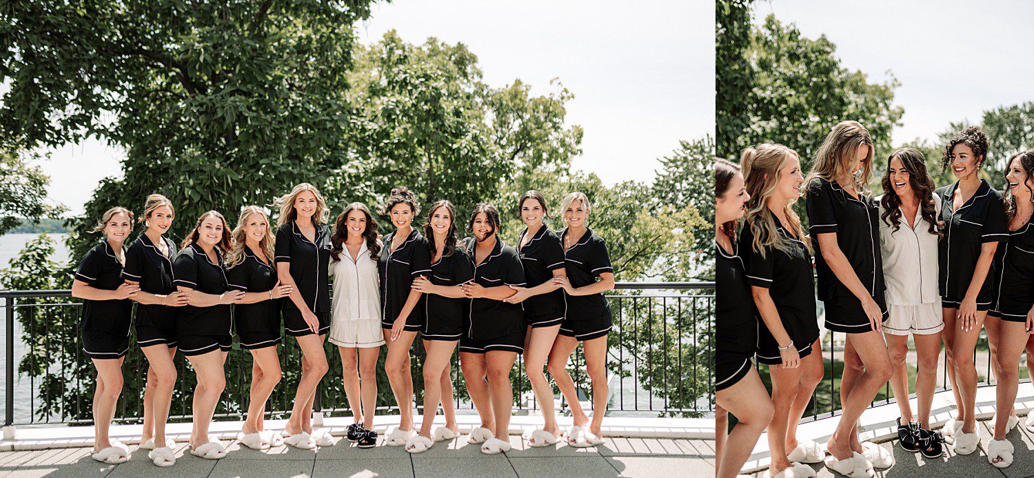 Jenna and her ten bridesmaids in matching pajamas getting ready before the Heidel House wedding