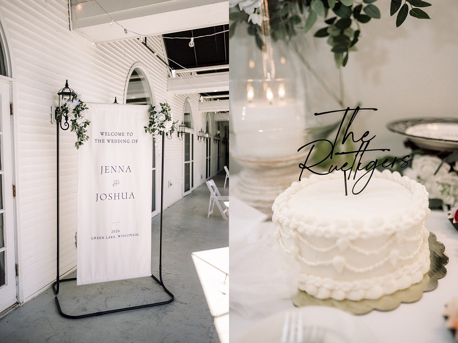 Jenna and Josh's wedding cake with a custom "The Ruettigers" topper at their Heidel House reception