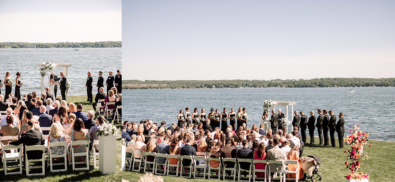 Guests and wedding party gathered lakeside for Jenna and Josh's outdoor Heidel House ceremony