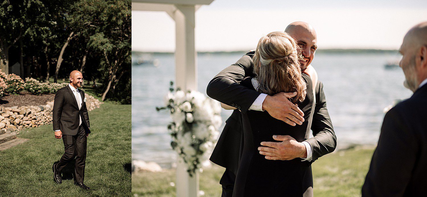 Jenna and Josh walking hand in hand along Green Lake during their Heidel House wedding portraits