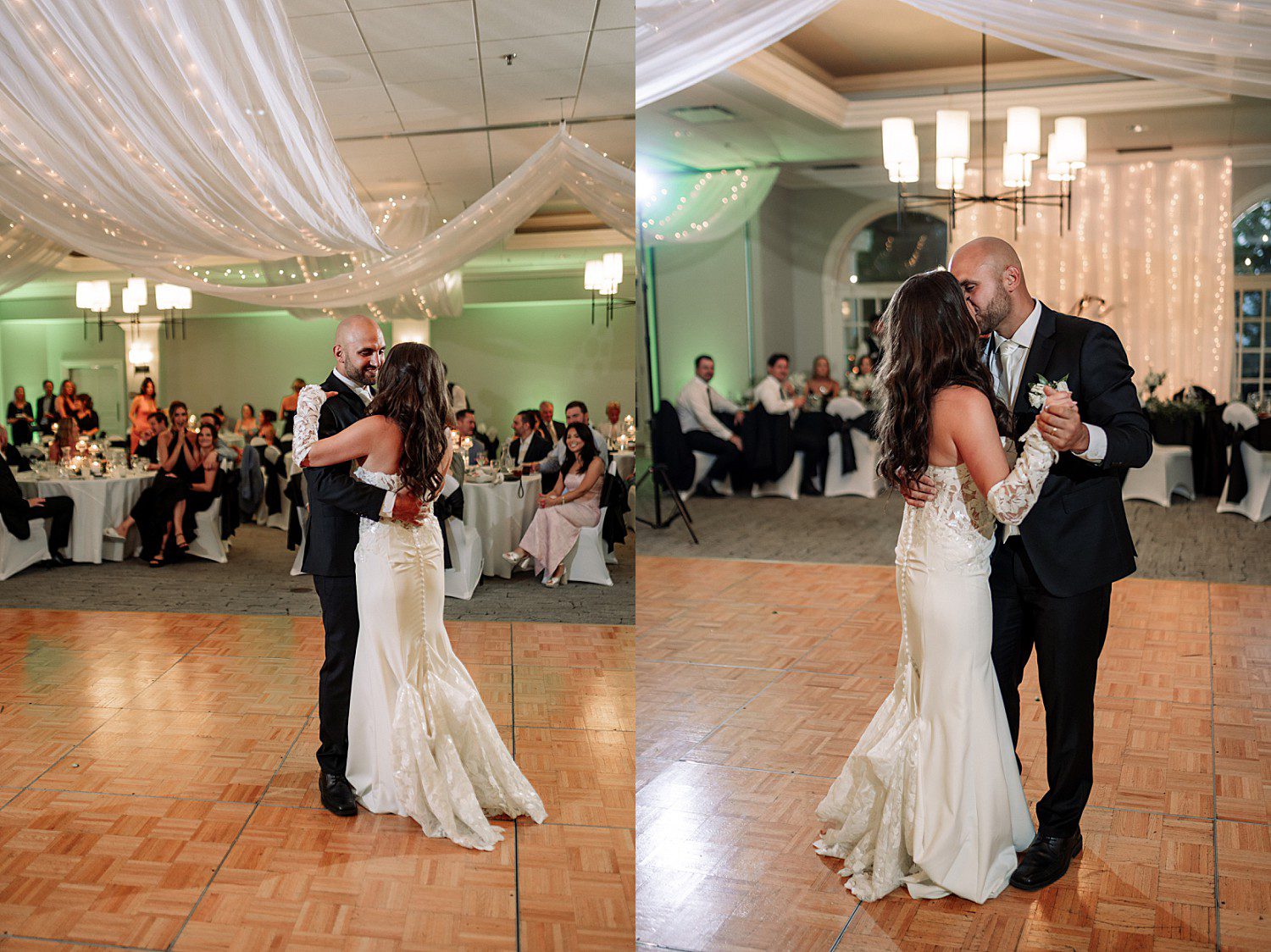 Jenna and Josh sharing their first dance under string lights at their Heidel House wedding reception