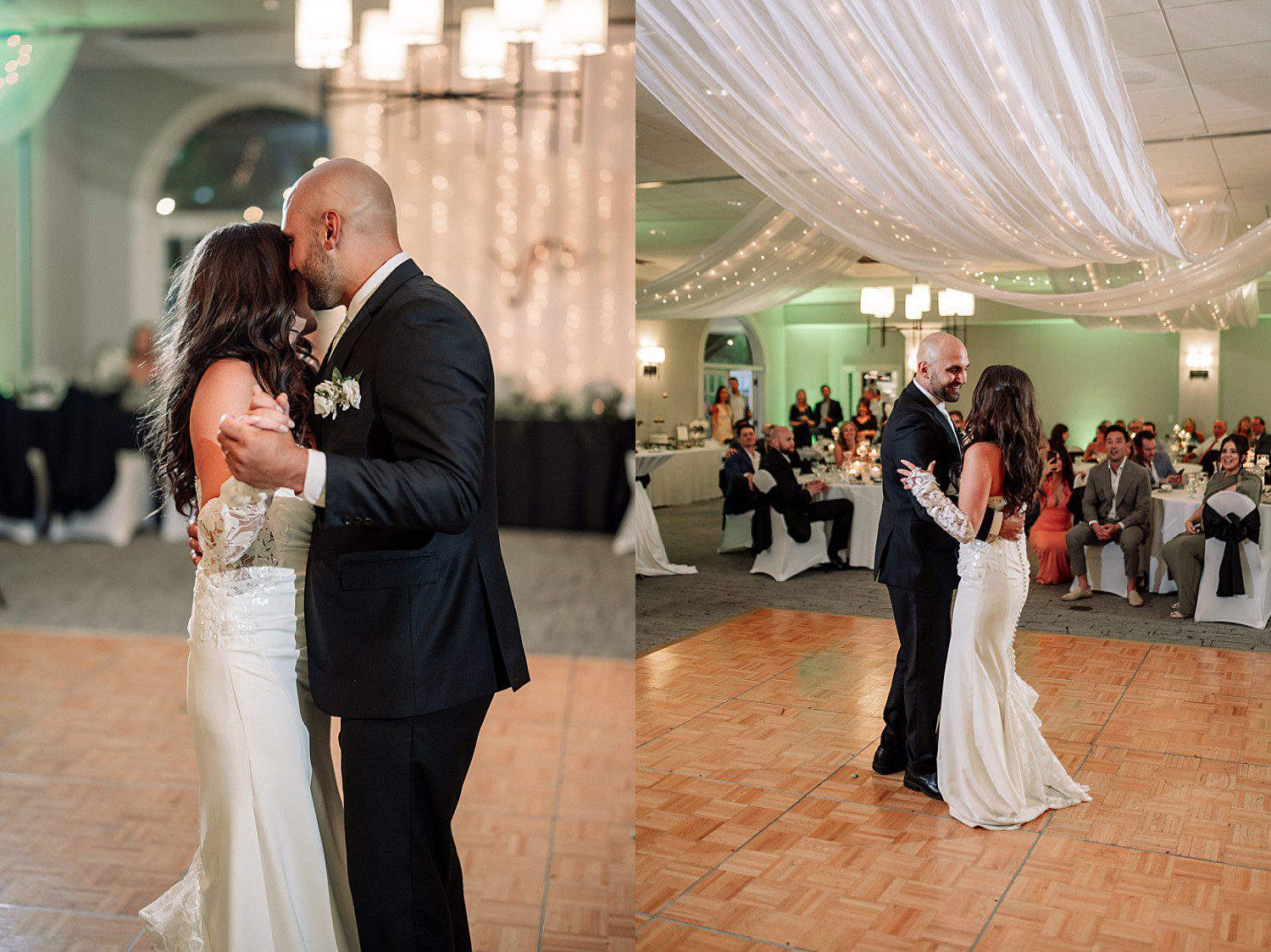 Jenna and Josh dancing close together during their first dance at the Heidel House wedding reception