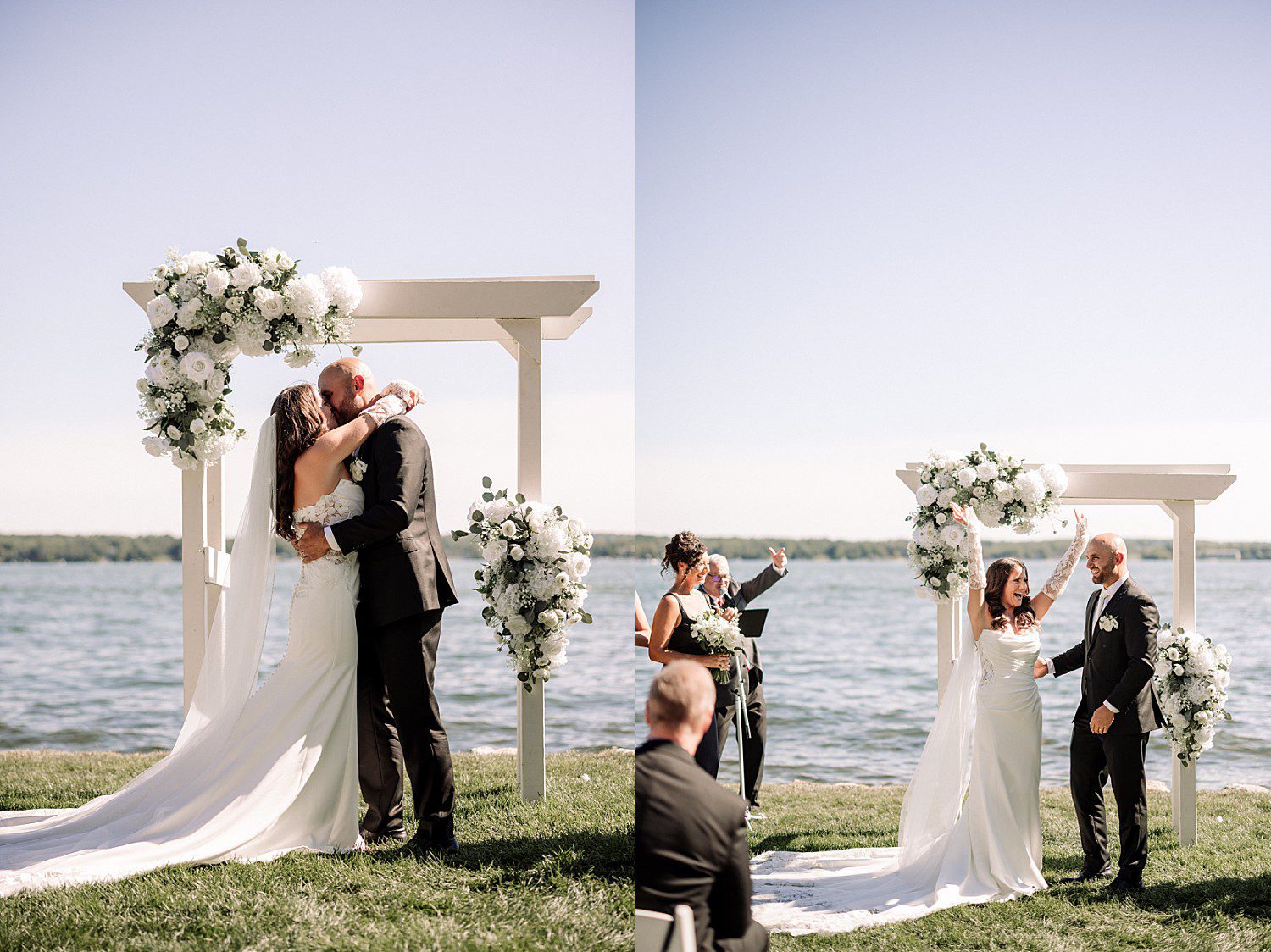 Jenna and Josh's first kiss as a married couple under the floral arch at their Heidel House wedding