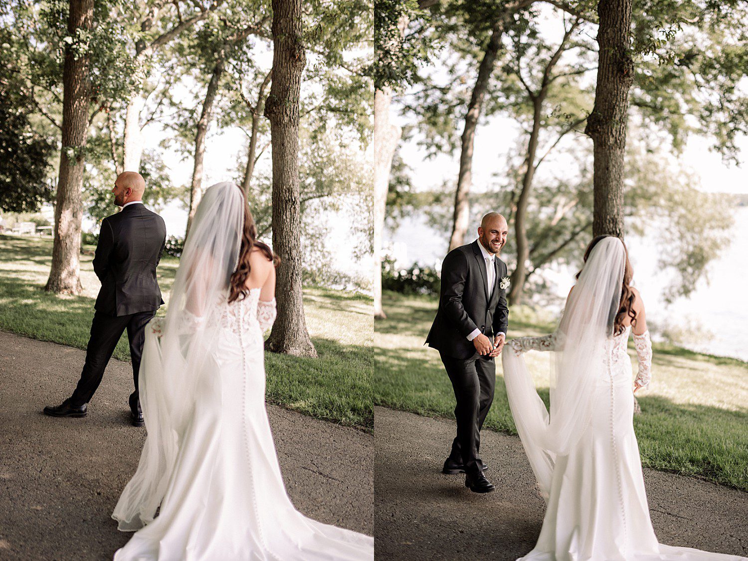 Josh waiting with his back turned as Jenna approaches for their first look at the Heidel House wedding