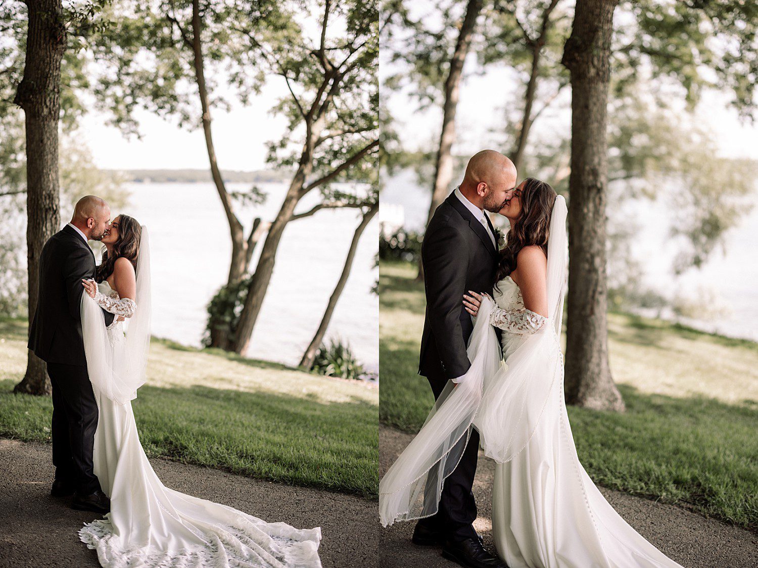 Jenna and Josh embracing lakeside during their emotional Heidel House wedding first look