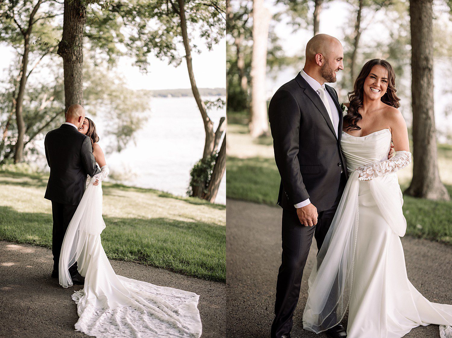 Jenna and Josh laughing together under the trees during their Heidel House wedding first look