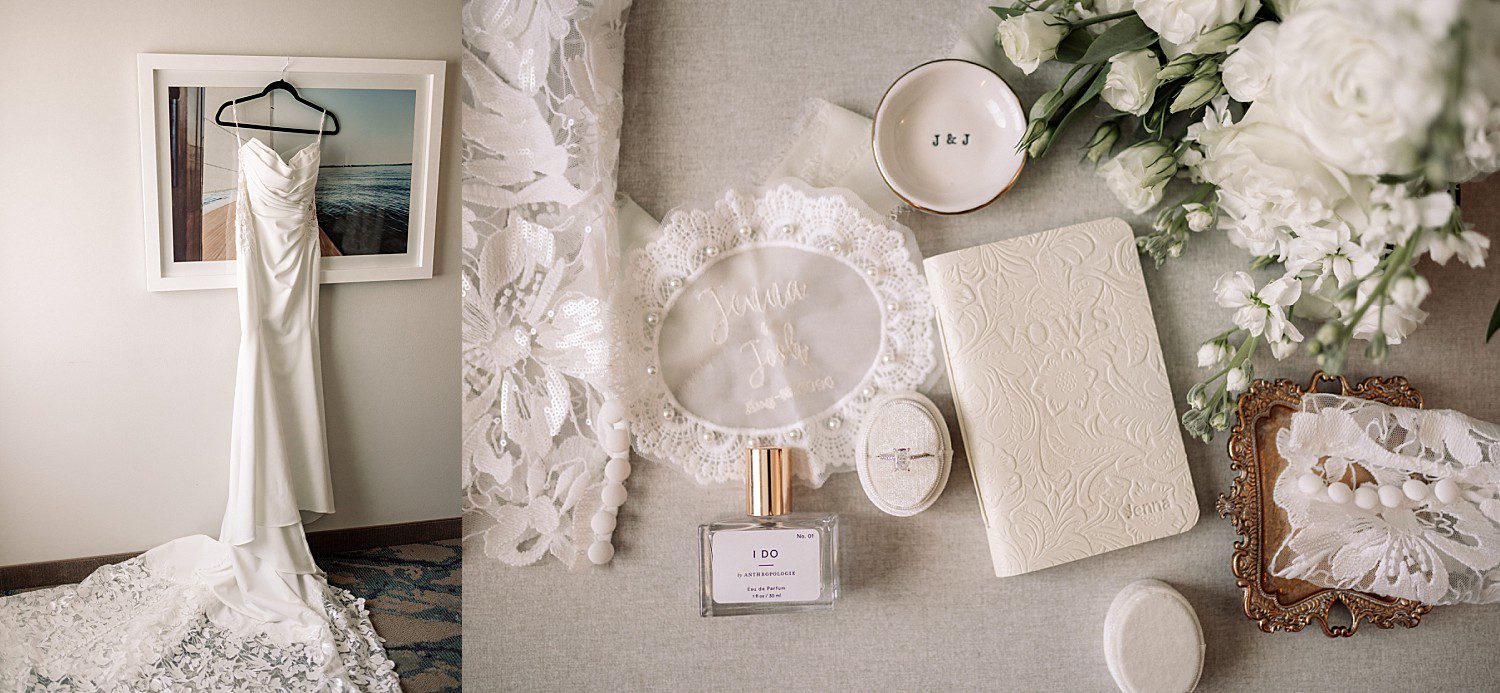 Jenna's wedding dress and getting ready details before her Heidel House wedding, including her bouquet and vow book