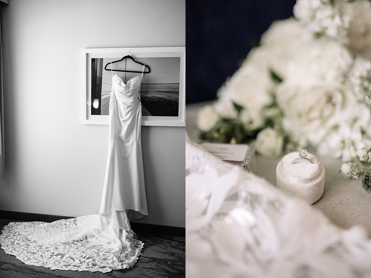 A black and white detail shot of Jenna's dress hanging before her Heidel House wedding