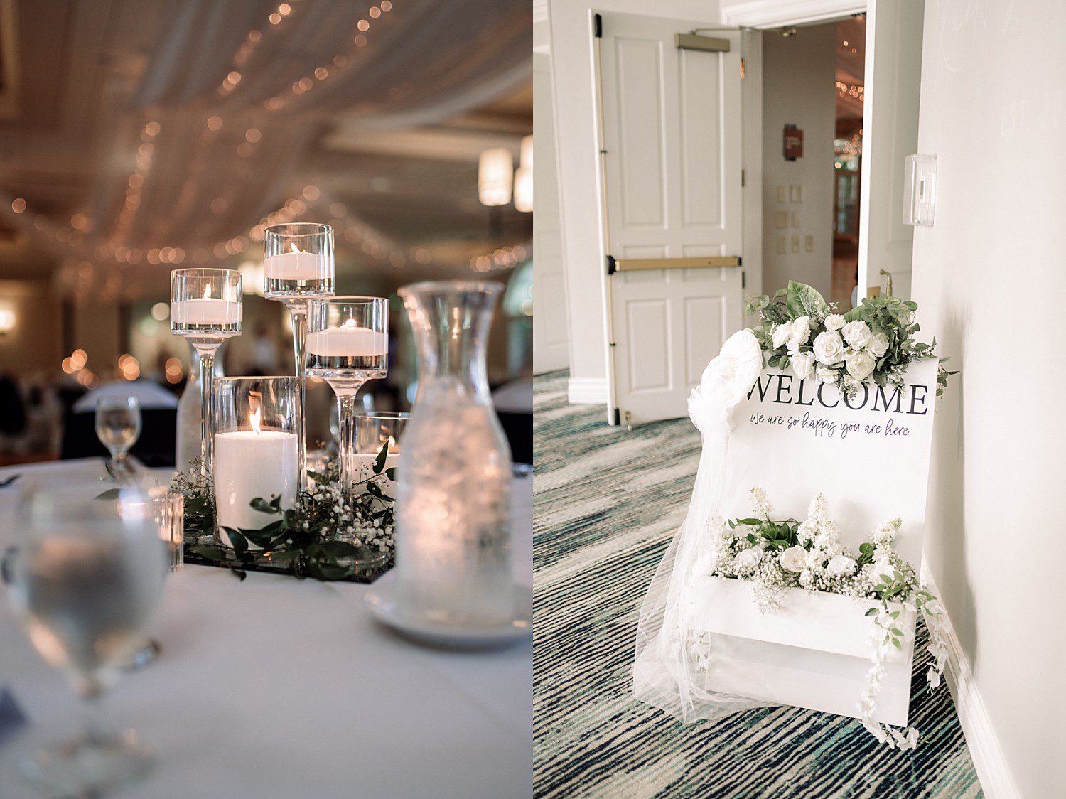 Candlelit centerpieces set for Jenna and Josh's Heidel House wedding reception