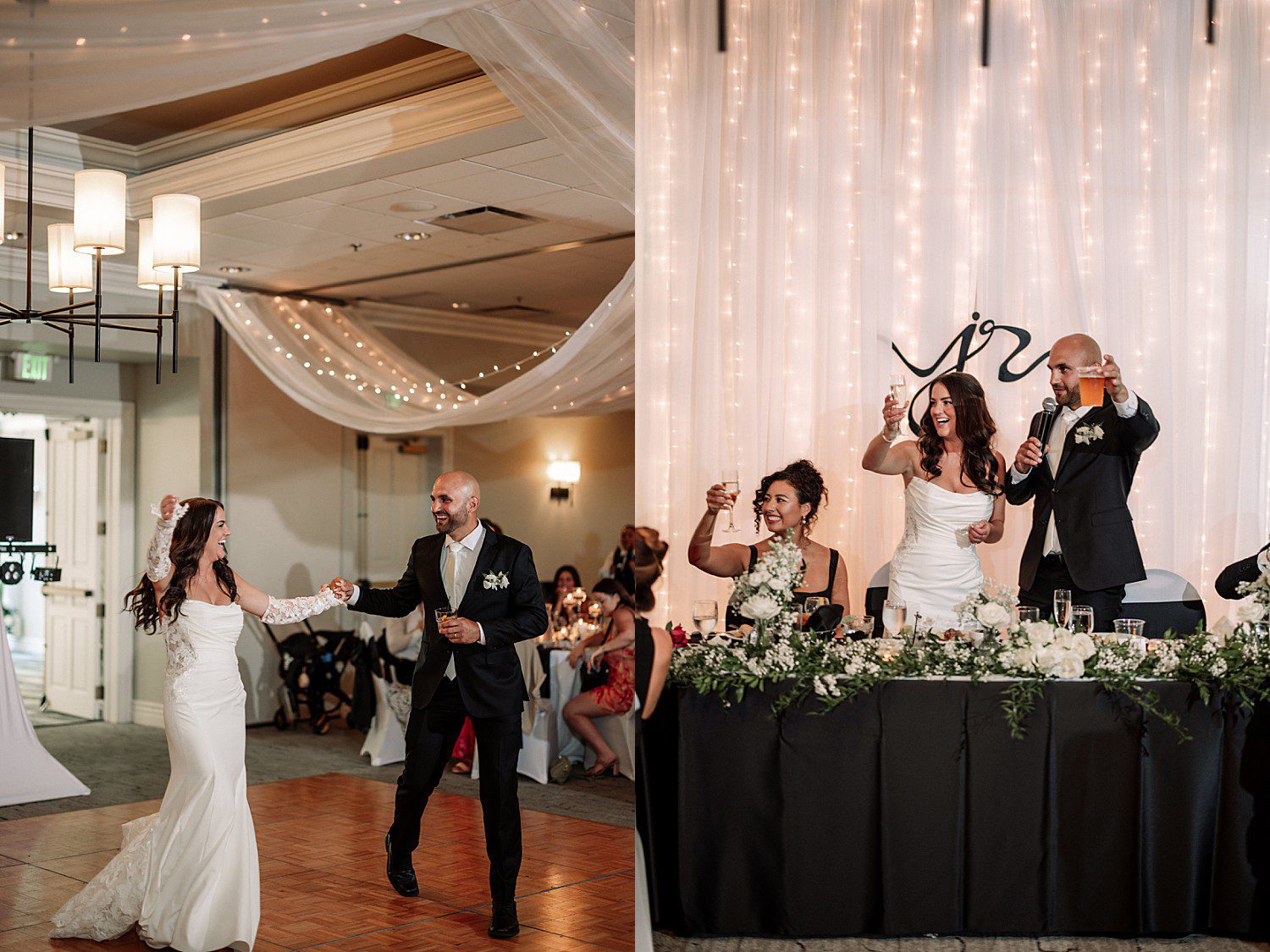 Jenna and Josh raising a toast with their wedding party during speeches at their Heidel House reception