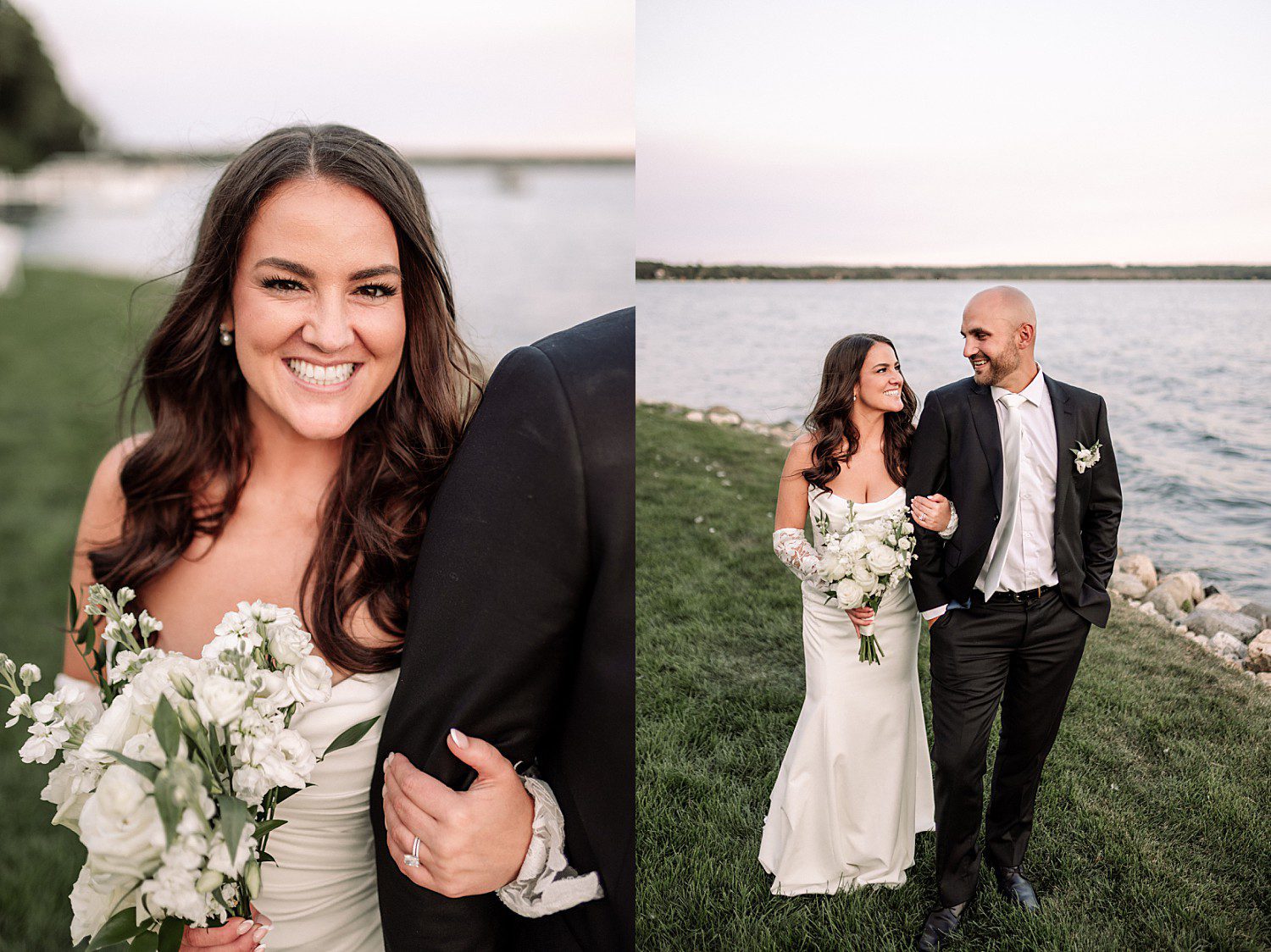 Jenna smiling with Josh close by during golden hour portraits at their Heidel House wedding