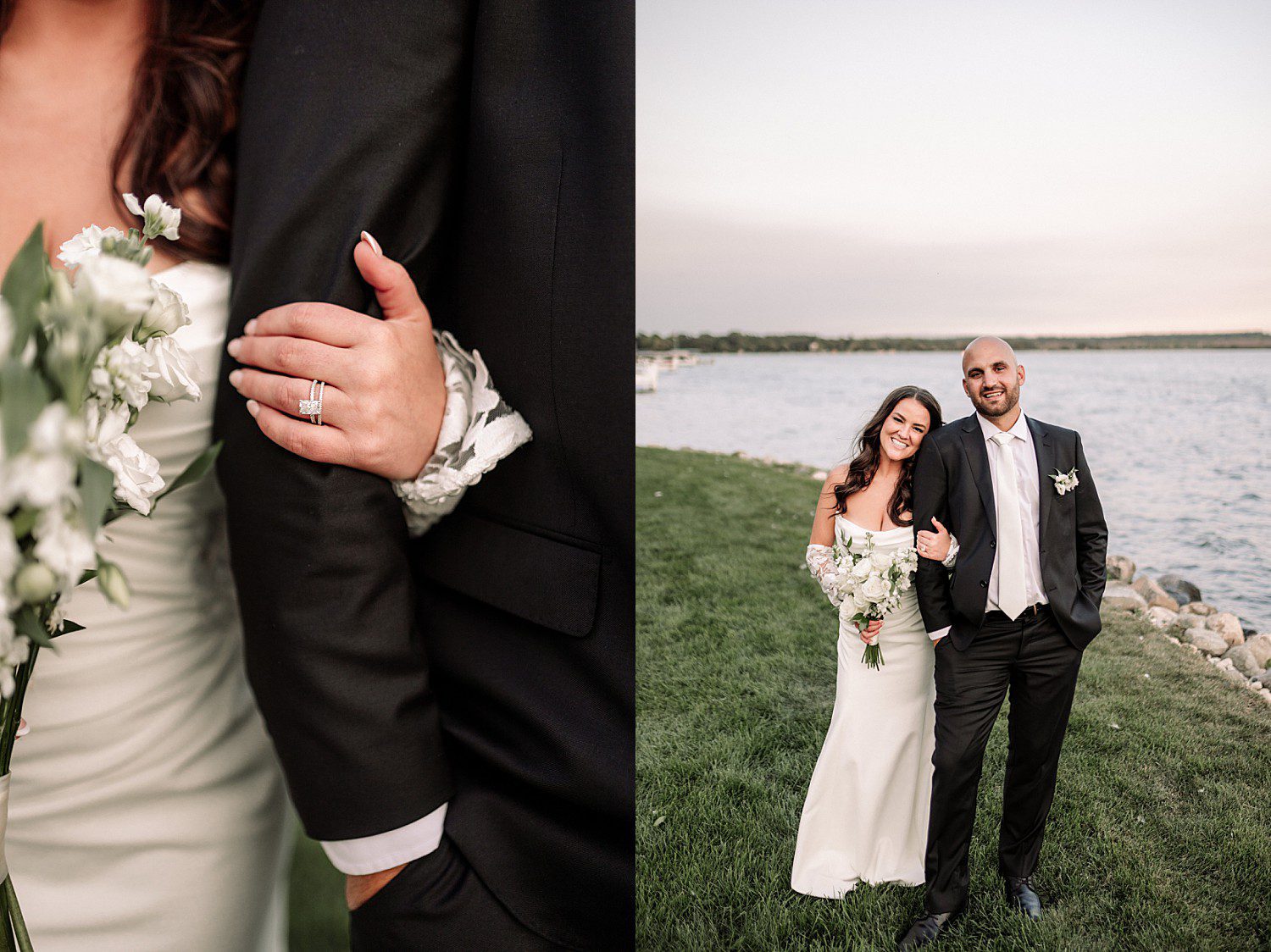 A close-up of Jenna and Josh's wedding rings during sunset portraits at the Heidel House