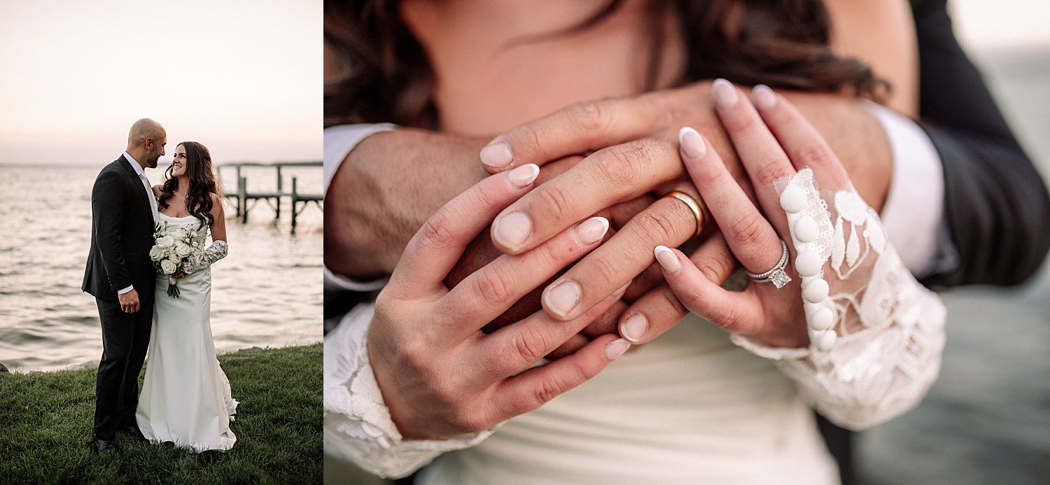 Jenna and Josh standing together by Green Lake at sunset after their Heidel House wedding