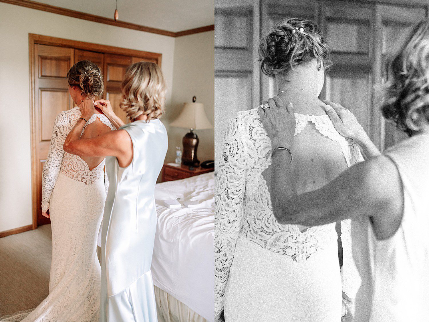 Kathryn's mom fastening the back of her lace gown on her wedding morning at The Osthoff Resort in Elkhart Lake, Wisconsin