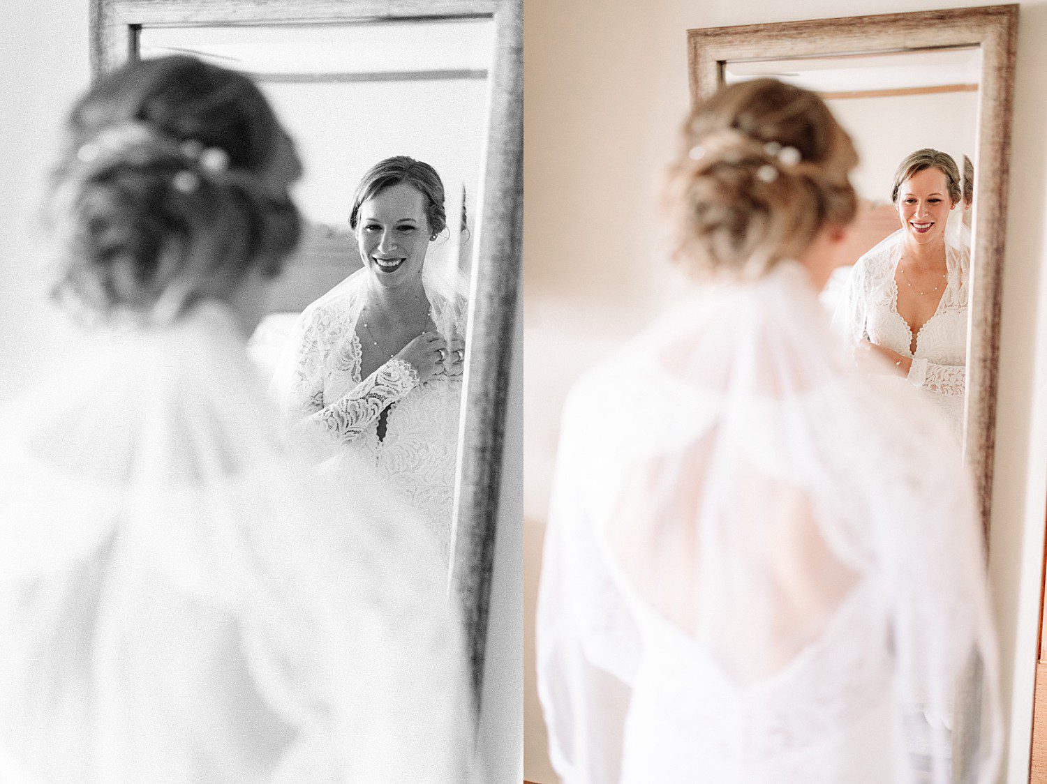 Kathryn smiling at her reflection in her lace gown and veil at The Osthoff Resort in Elkhart Lake, Wisconsin