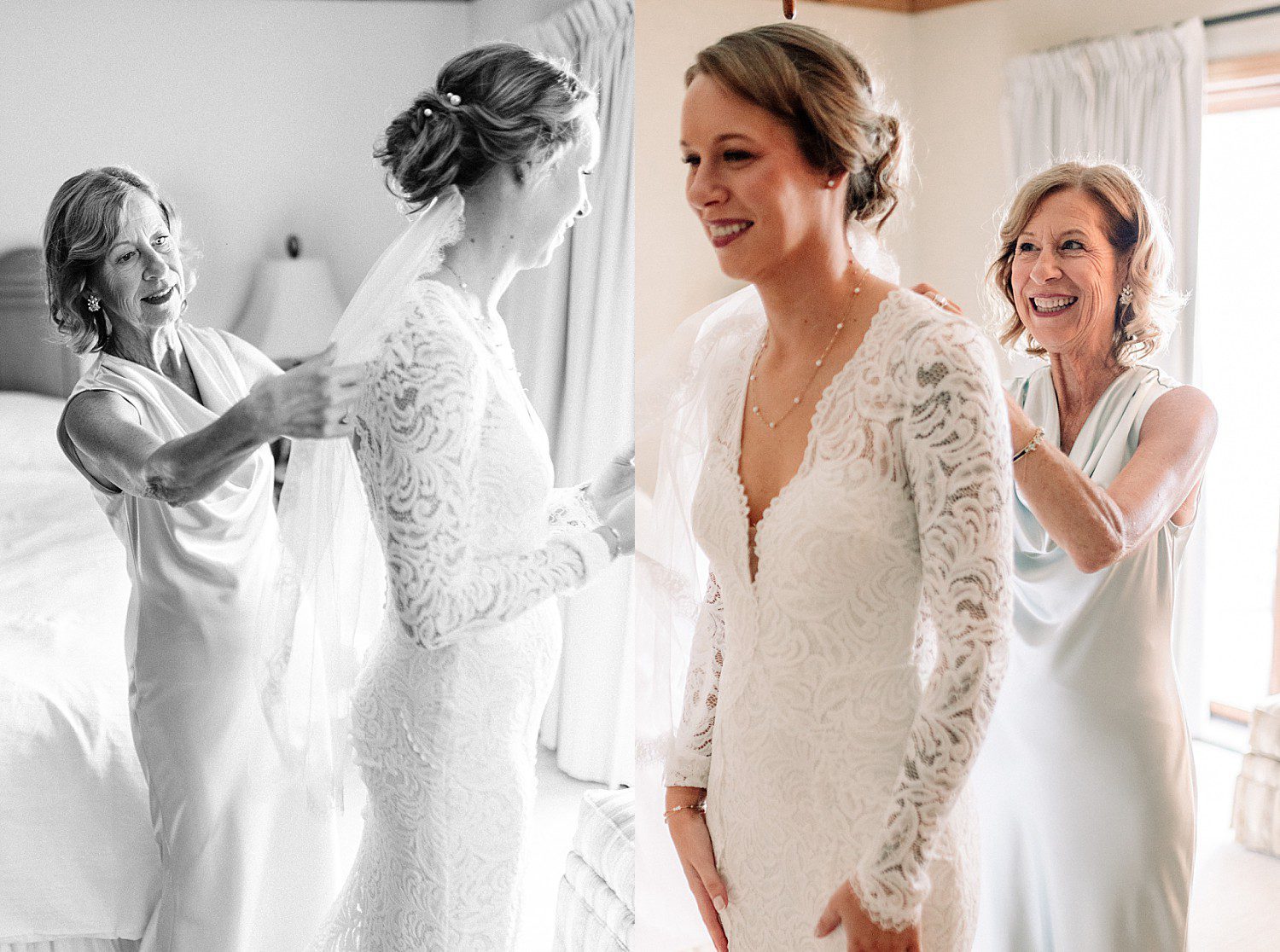 Kathryn's mom placing her veil and smiling on the wedding morning at The Osthoff Resort in Elkhart Lake, Wisconsin