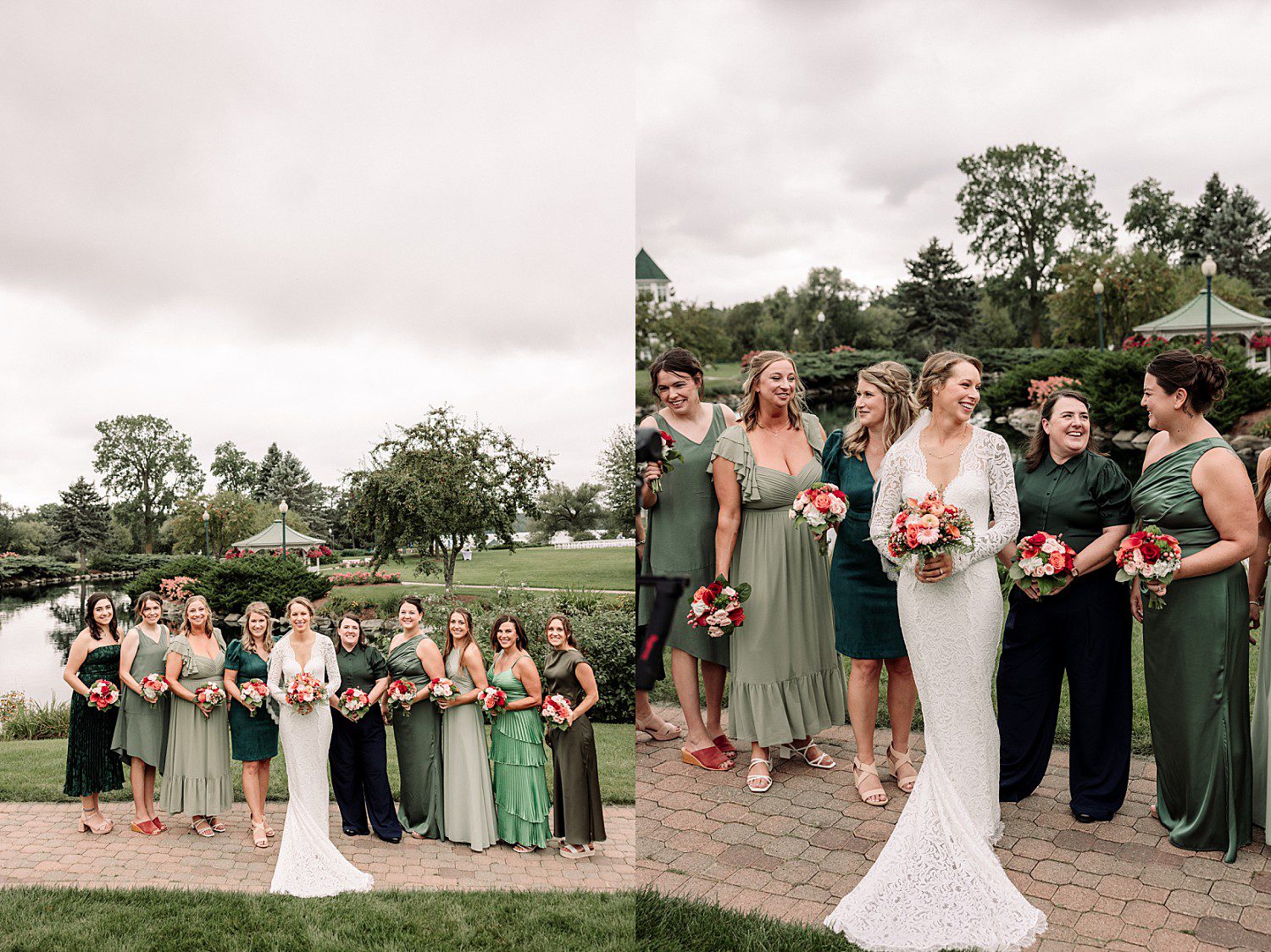 Kathryn with her bridesmaids in green dresses holding coral bouquets at The Osthoff Resort in Elkhart Lake, Wisconsin