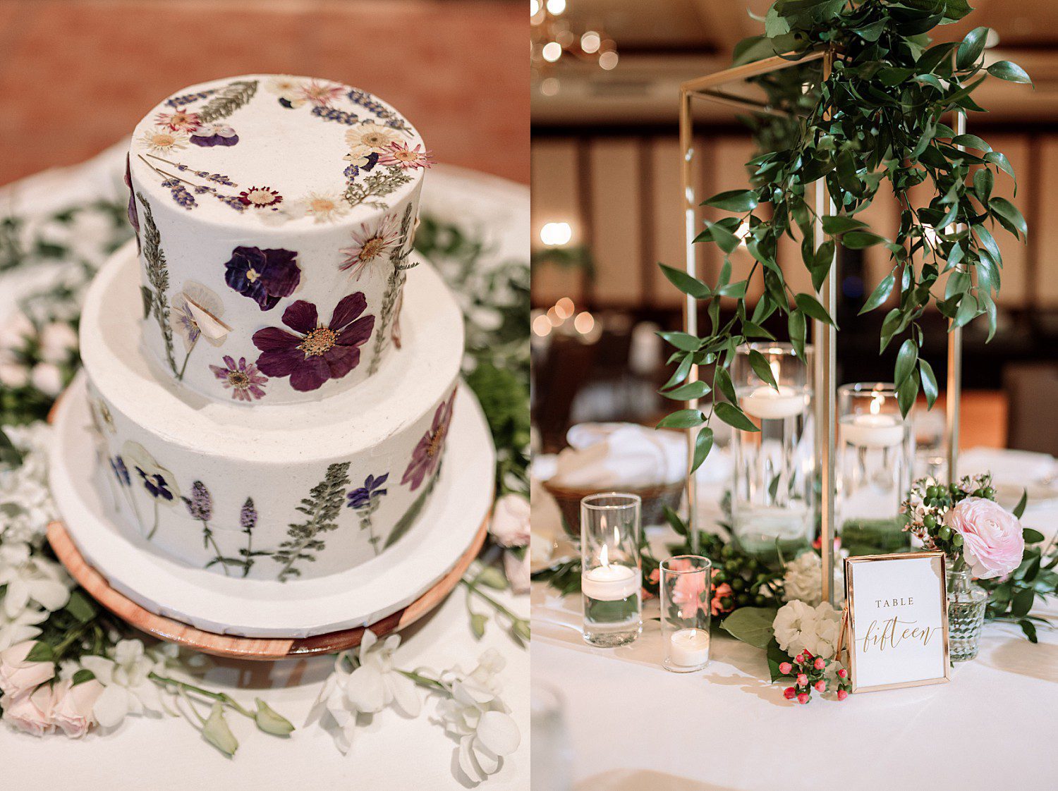 Pressed flower wedding cake and greenery centerpiece at Kathryn and Logan's reception at The Osthoff Resort in Elkhart Lake, Wisconsin