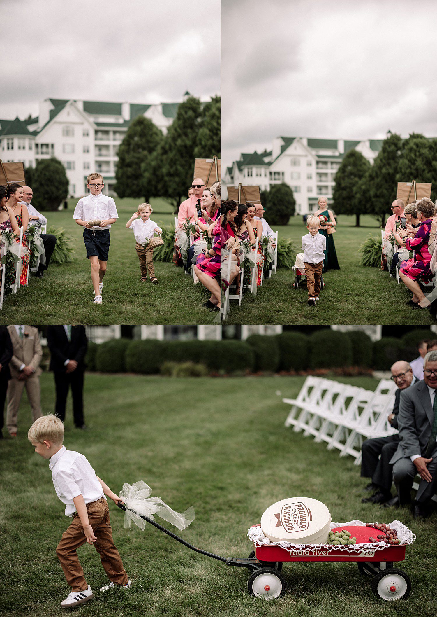 Ring bearer pulling a wheel of cheese down the aisle in a red wagon at The Osthoff Resort in Elkhart Lake, Wisconsin