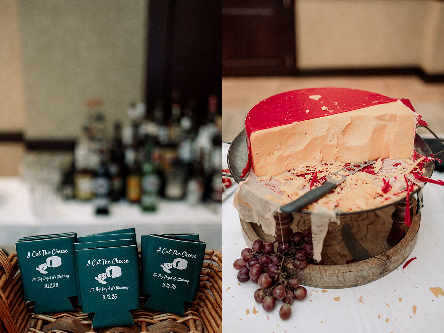 I Cut The Cheese koozie favors and the cut cheese wheel at Kathryn and Logan's reception at The Osthoff Resort in Elkhart Lake, Wisconsin
