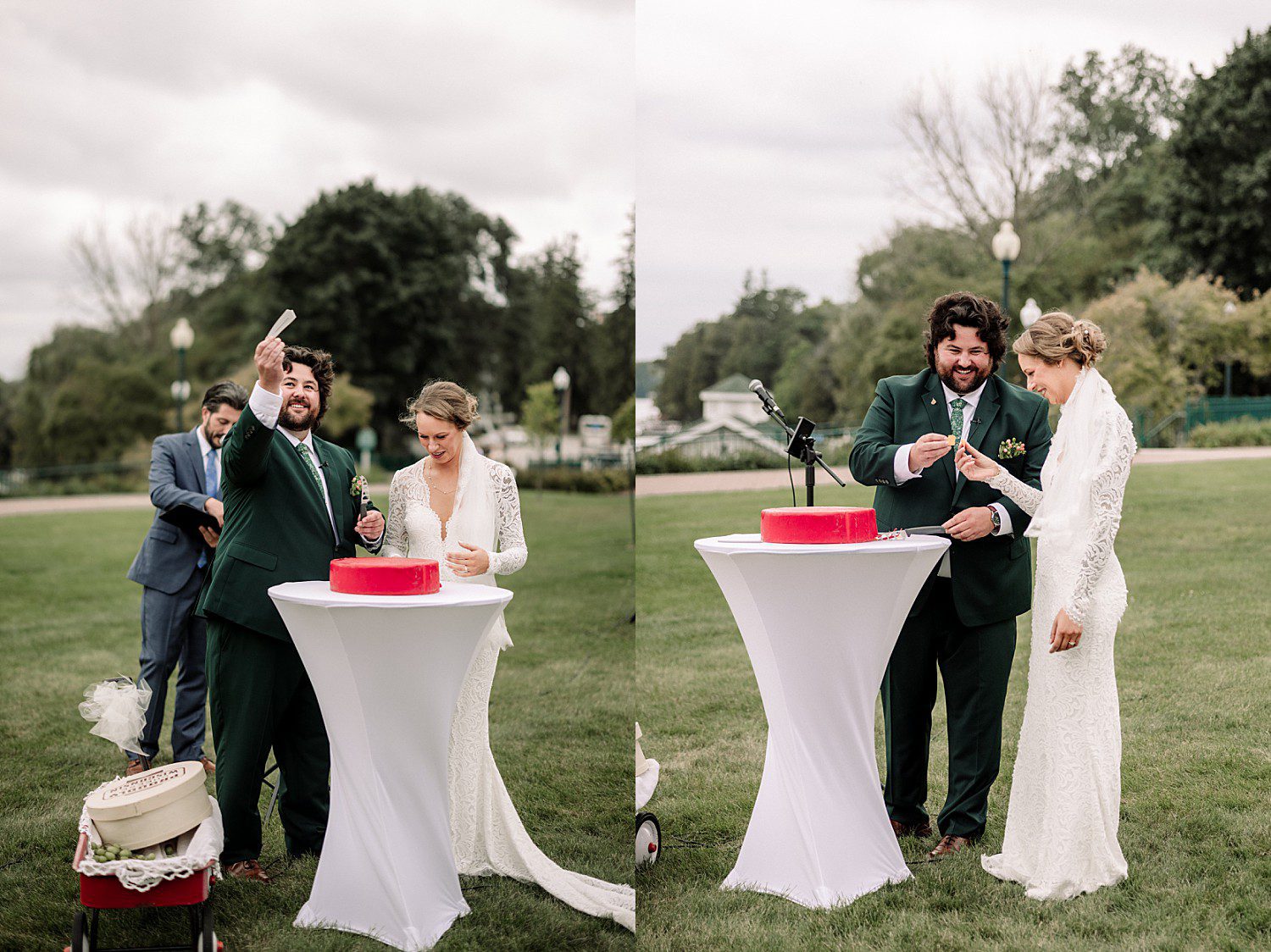 Kathryn and Logan cutting a 20 lb wheel of cheese for their unity ceremony at The Osthoff Resort in Elkhart Lake, Wisconsin