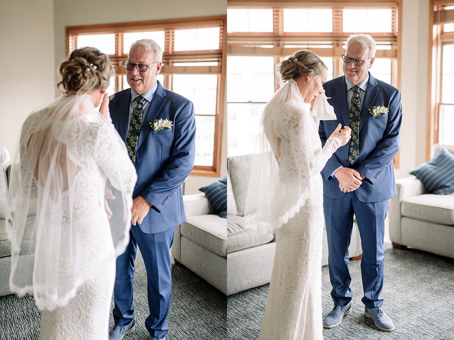 Kathryn wiping away tears with her dad during their first look at The Osthoff Resort in Elkhart Lake, Wisconsin