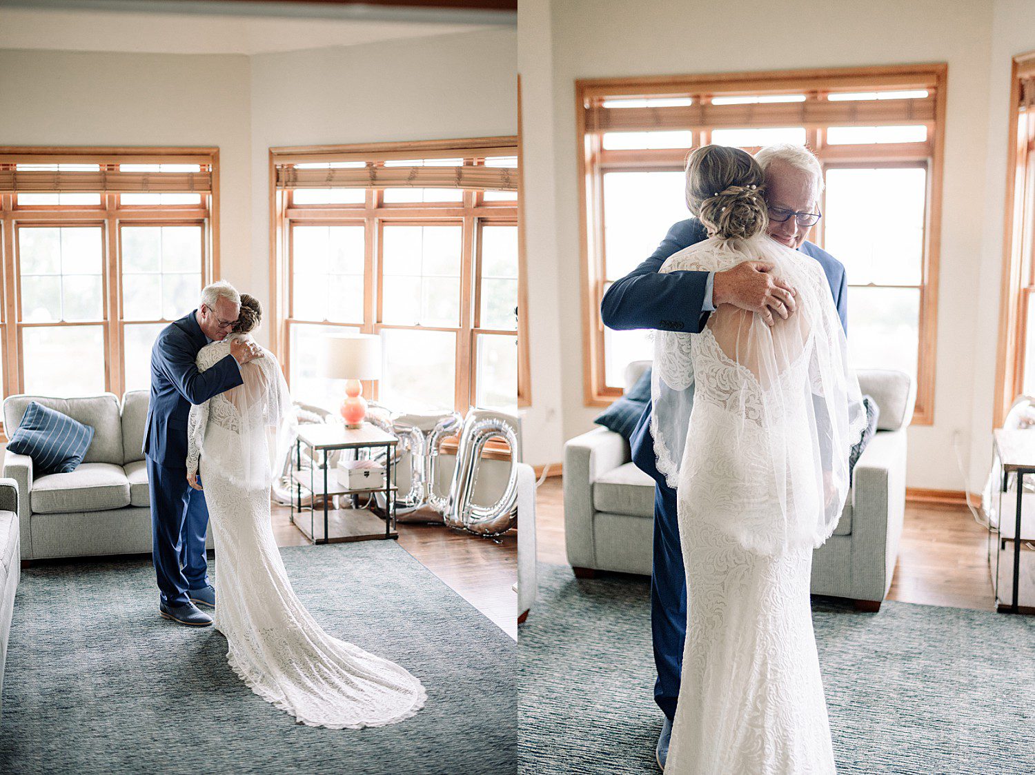 Kathryn hugging her dad after their first look at The Osthoff Resort in Elkhart Lake, Wisconsin