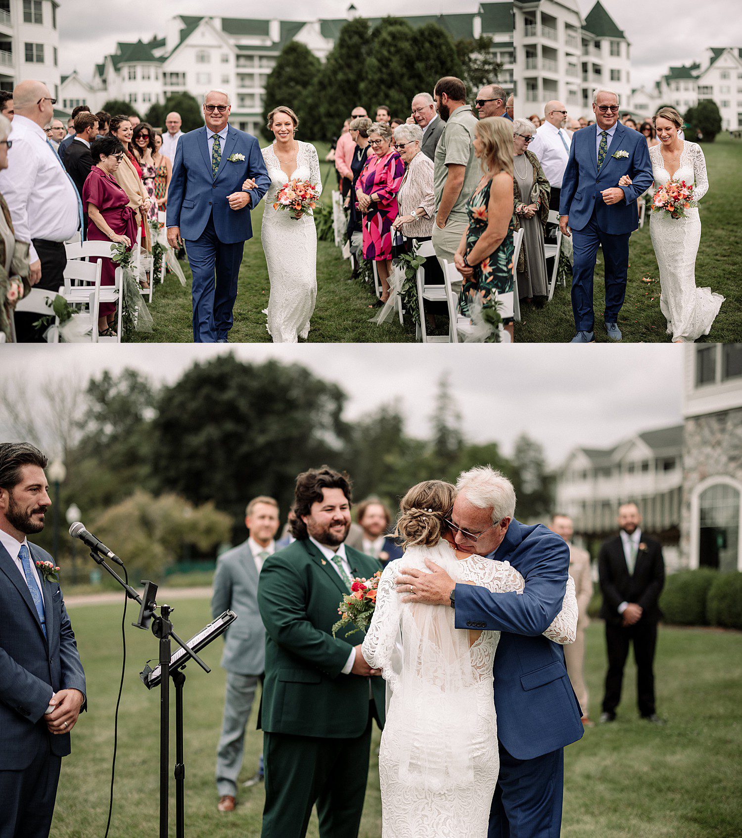 Kathryn's dad walking her down the aisle and hugging her at the altar at The Osthoff Resort in Elkhart Lake, Wisconsin
