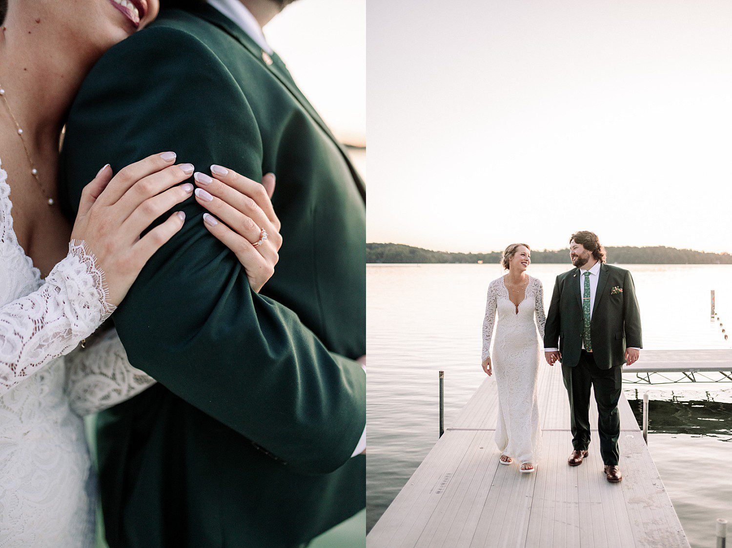 Kathryn and Logan walking the dock on Elkhart Lake in the evening at The Osthoff Resort in Elkhart Lake, Wisconsin