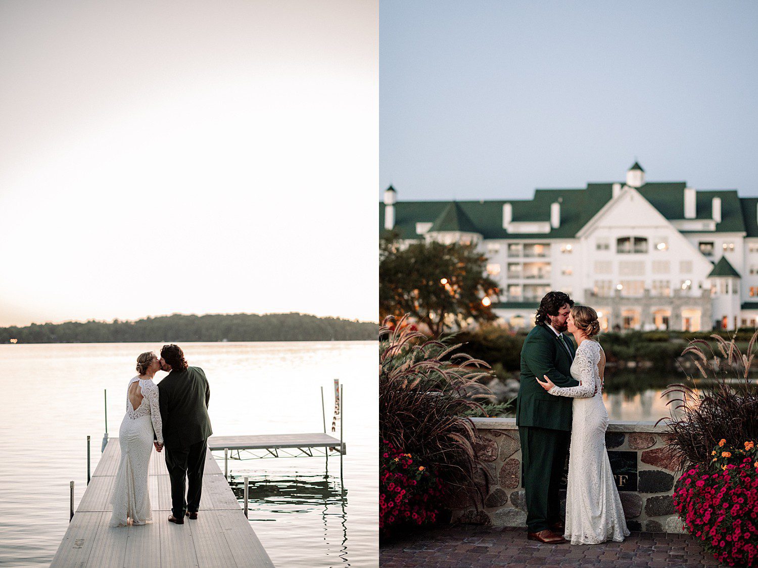 Kathryn and Logan's evening portrait in front of the resort building at The Osthoff Resort in Elkhart Lake, Wisconsin