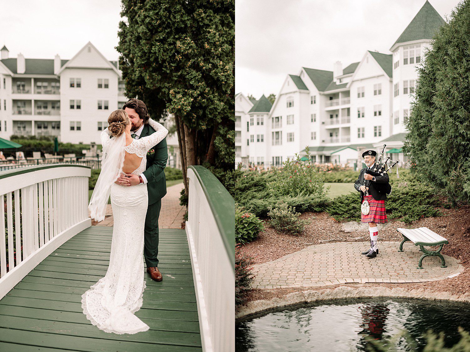 Surprise bagpiper playing by the pond during Kathryn and Logan's first look at The Osthoff Resort in Elkhart Lake, Wisconsin