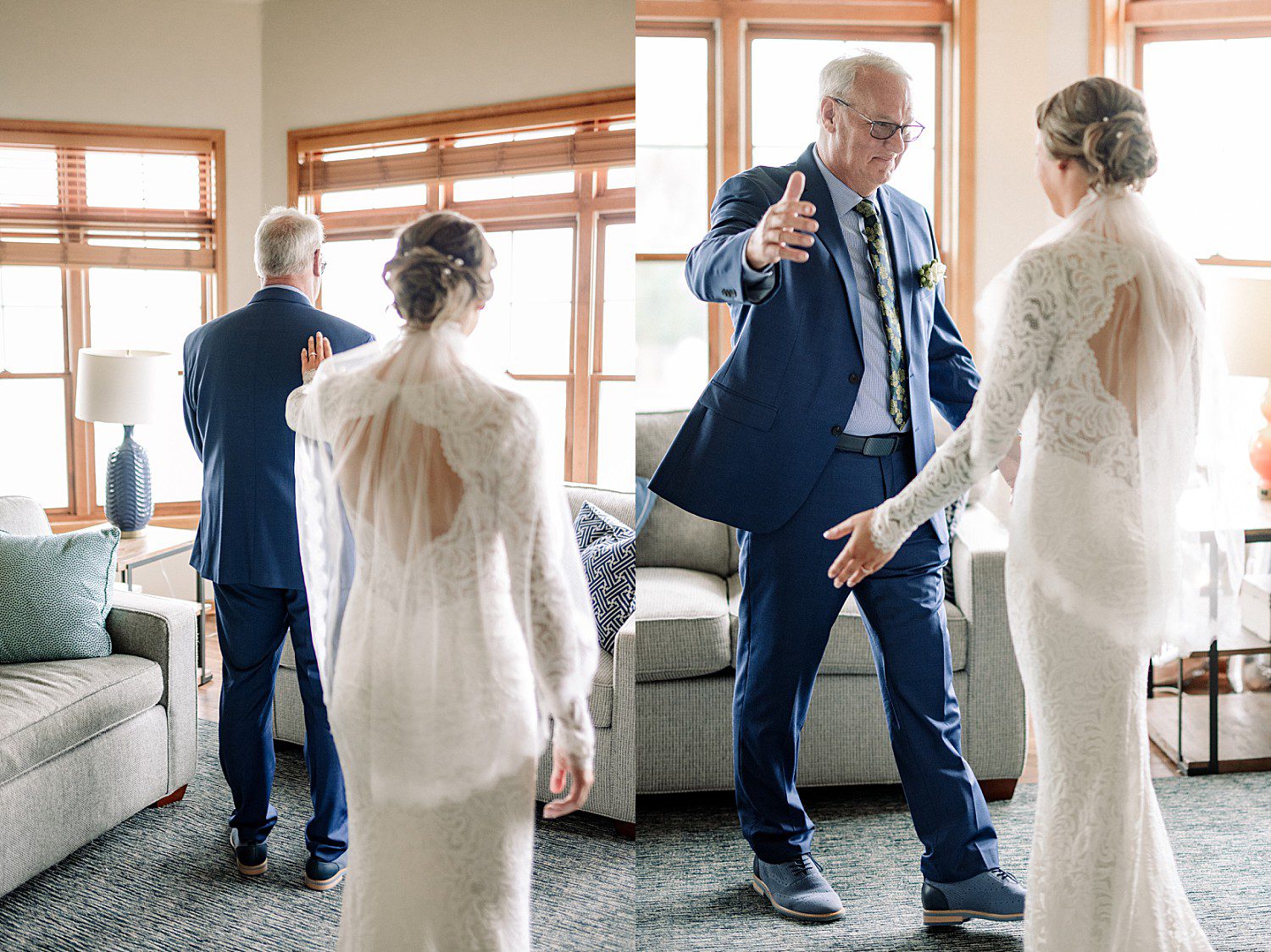 Kathryn's dad turning around for a first look with her at The Osthoff Resort in Elkhart Lake, Wisconsin