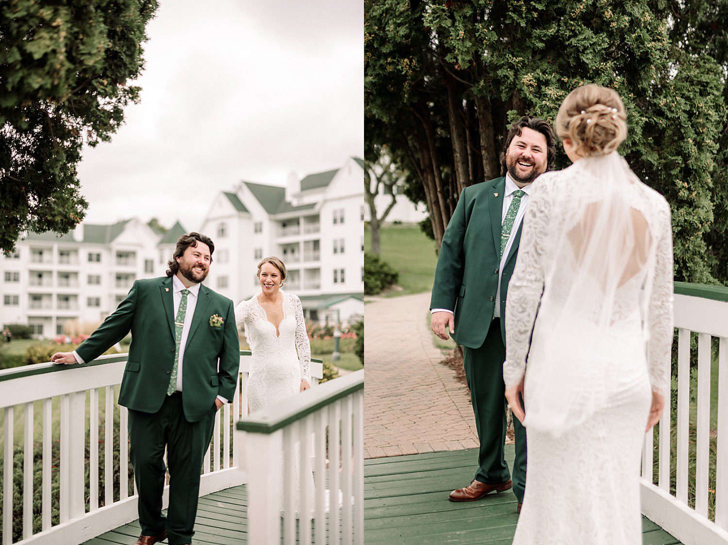 Logan grinning as he turns to see Kathryn during their first look at The Osthoff Resort in Elkhart Lake, Wisconsin