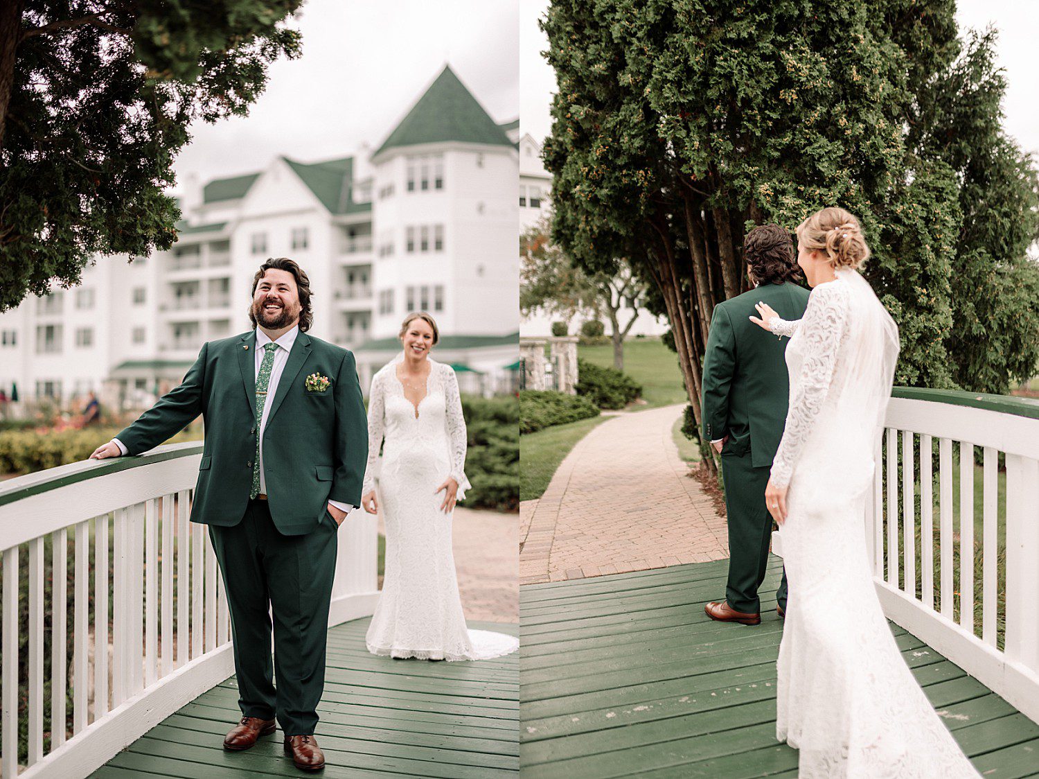 Kathryn walking up to Logan for their first look on the white footbridge at The Osthoff Resort in Elkhart Lake, Wisconsin