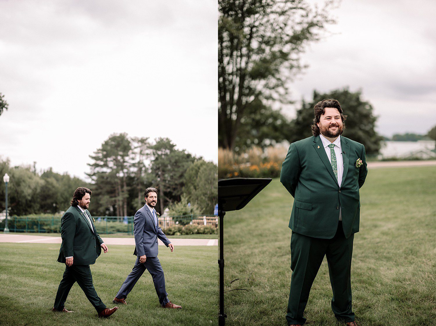 Logan walking out and waiting for Kathryn at their lakeside ceremony at The Osthoff Resort in Elkhart Lake, Wisconsin