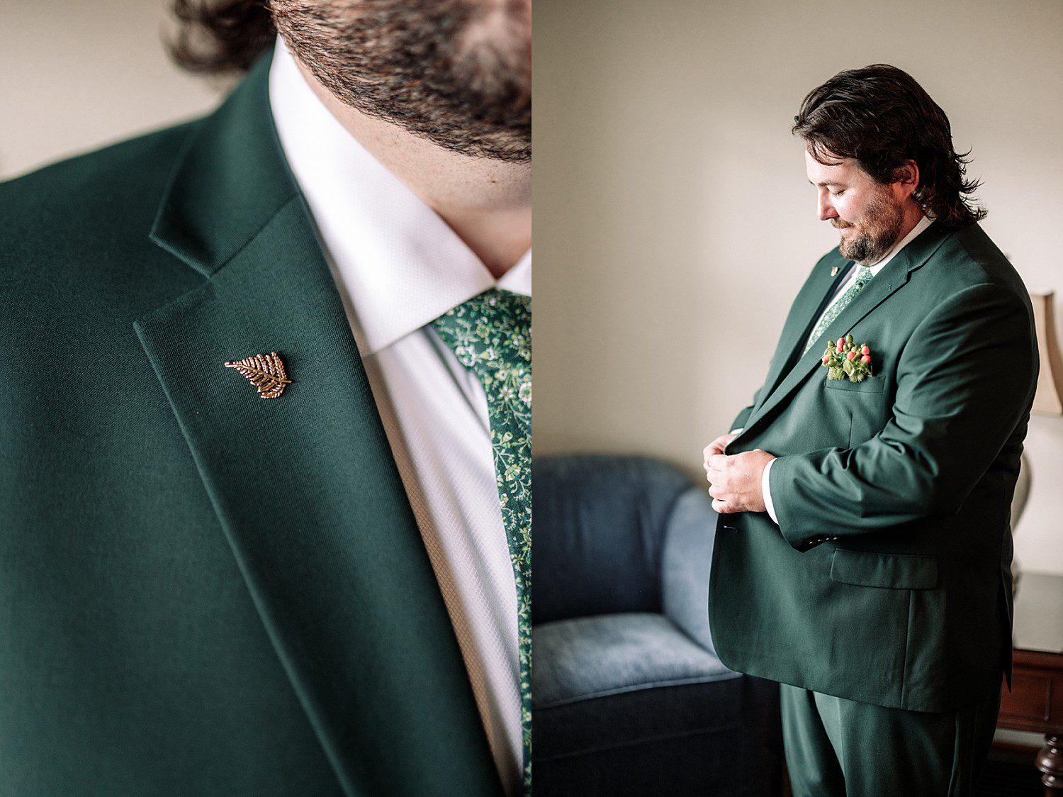 Logan's fern lapel pin and green floral tie as he gets ready for his wedding at The Osthoff Resort in Elkhart Lake, Wisconsin