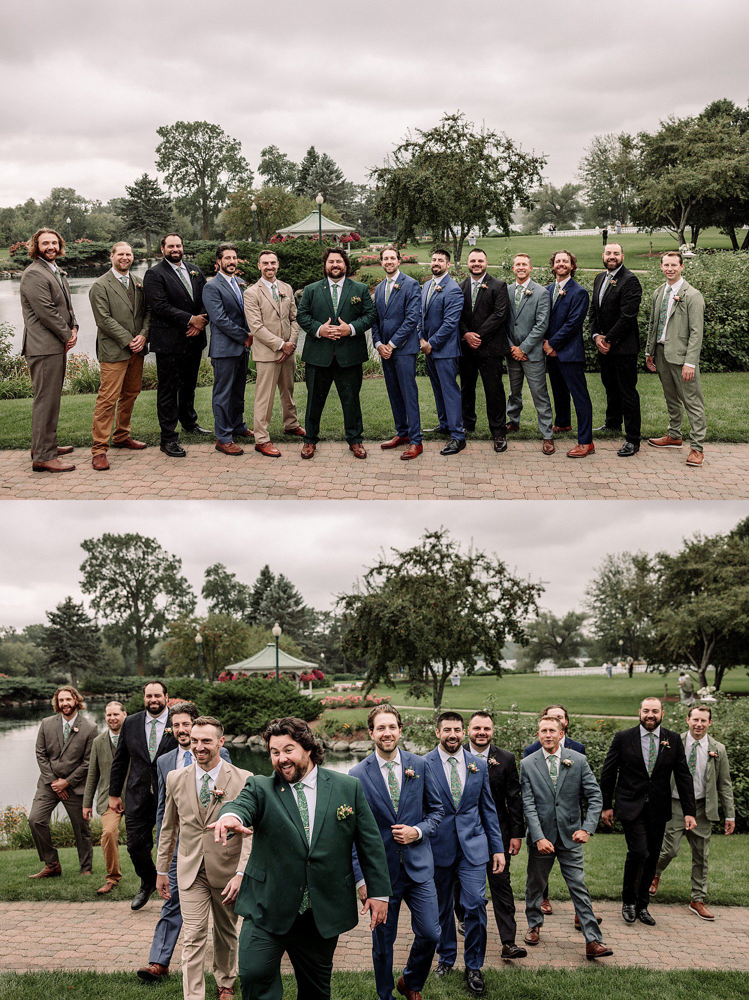 Logan with his groomsmen in green and floral ties on the garden path at The Osthoff Resort in Elkhart Lake, Wisconsin