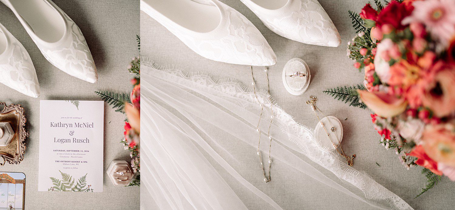 Kathryn and Logan's fern invitation suite with lace shoes and rings at The Osthoff Resort in Elkhart Lake, Wisconsin